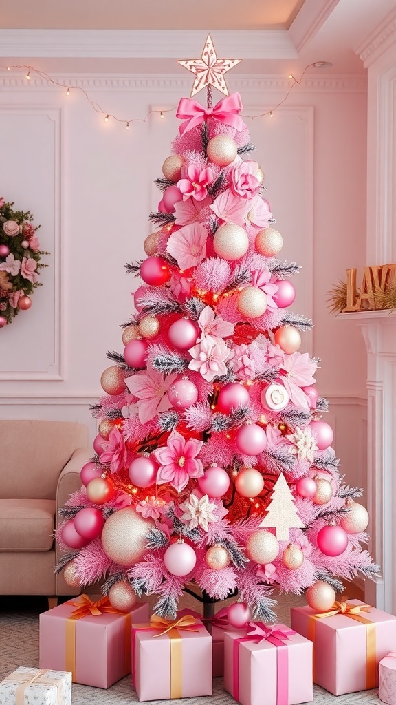 A pink Christmas tree decorated with pink ornaments and lights, topped with a pink star, in a cozy living room.